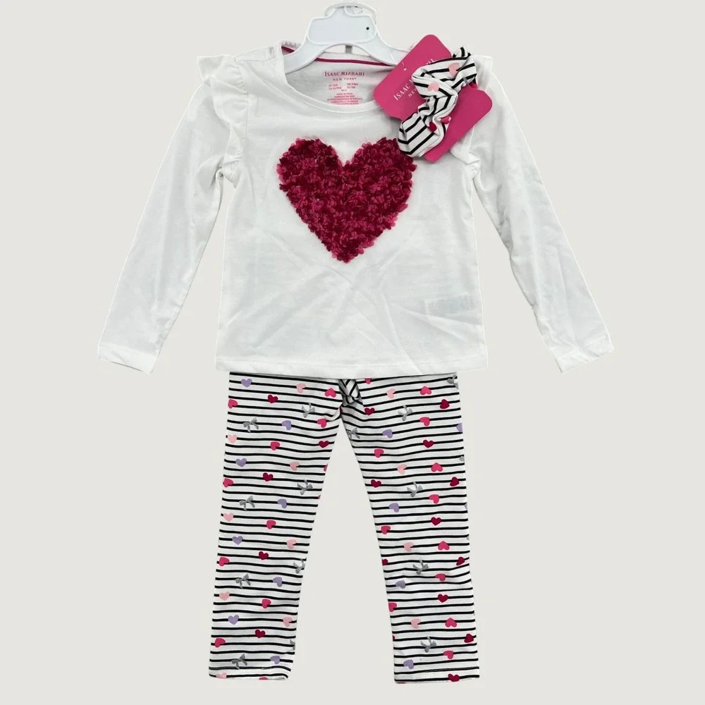 Isaac Mizrahi 3 Piece Legging‎ Scrunchie Set Girls XS 4 Heart Applique NWT